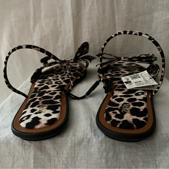ZARA - Animal Leopard Print Bow Flat Sandals (7.5 US / 38 EUR) NWT - Picture 4 of 13